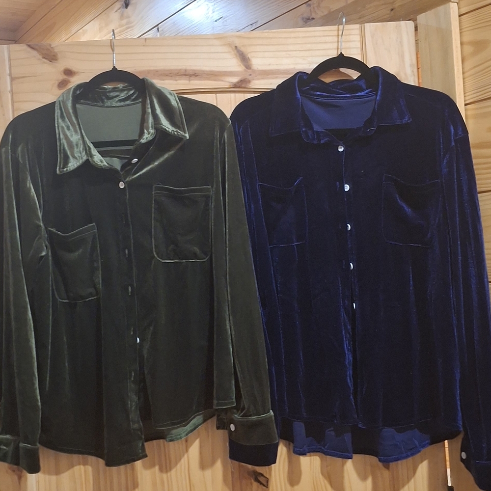 Velvet Button Down Shirt - Green and Blue
